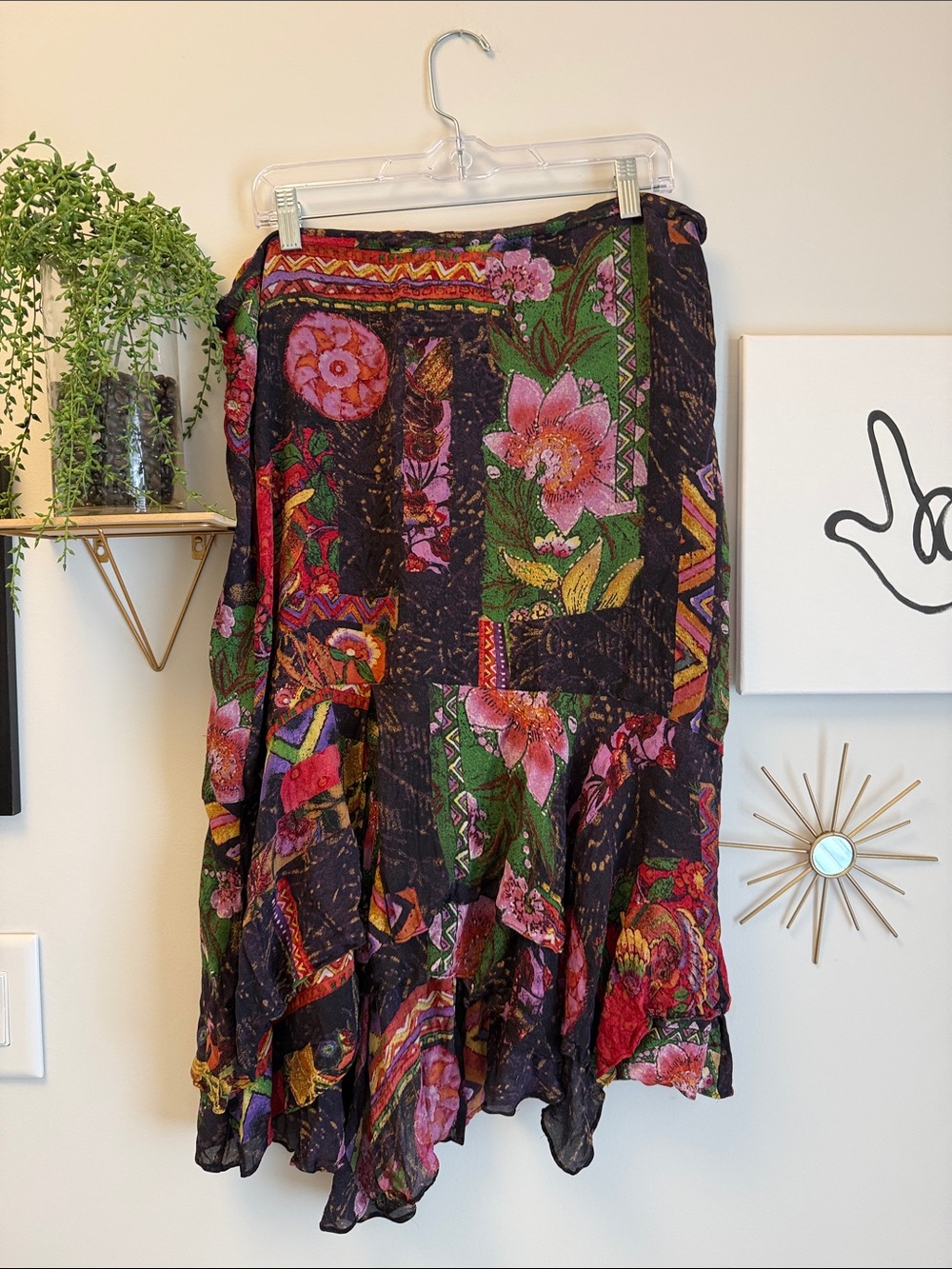 Chico's Design 100% Silk Black Floral Patchwork Asymmetrical Skirt